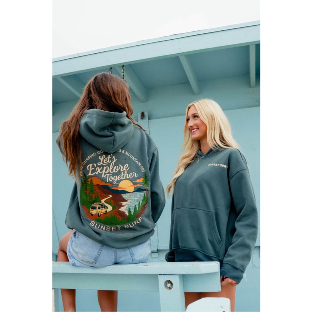 Sunset Surf Coastal Explore Hoodie Let's Explore Together Graphic Hoodie Medium - Picture 2 of 14